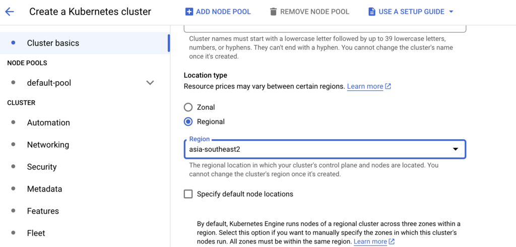 GKE cluster regional configuration selection
