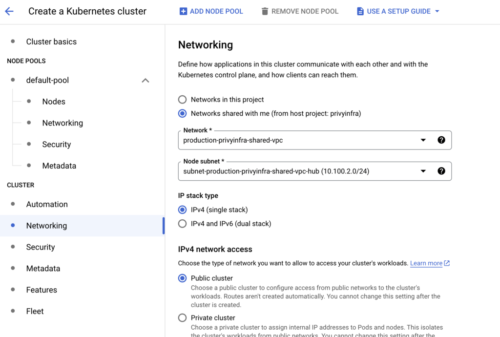 Shared VPC network and subnet selection in GKE