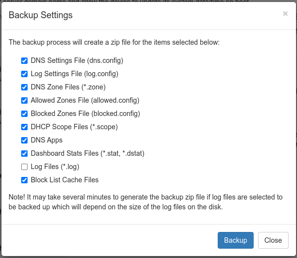 Technitium DNS Server backup items selection dialog
