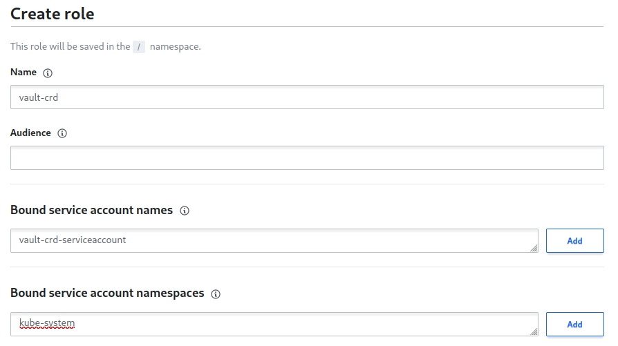 Vault Kubernetes role service account and namespace binding configuration