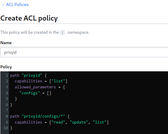 Vault ACL policy creation form with HCL configuration