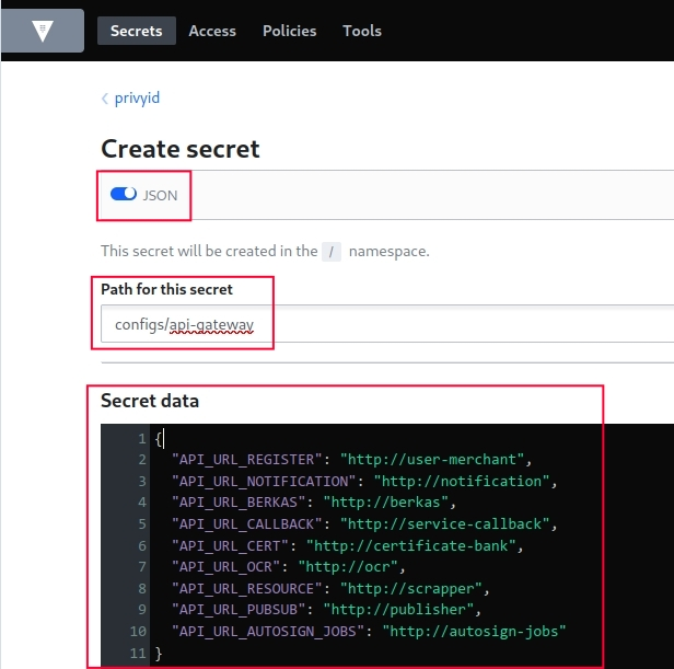 Vault secret creation in JSON mode with path configuration
